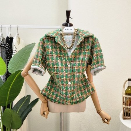 컬러 포인트 카라넥 트위드 자켓