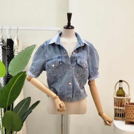 카라 배색 퍼프 데님 자켓