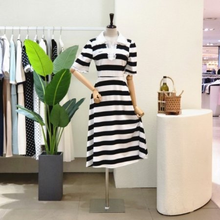 레이스 카라 스트라이프 롱원피스