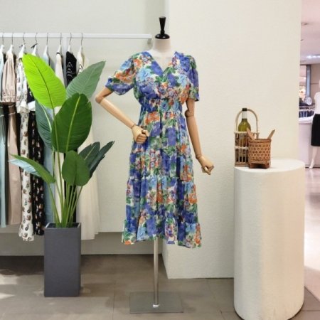 나염 포인트 브이넥 롱원피스