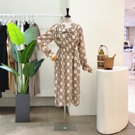 네모 넥리본 플리츠 롱원피스