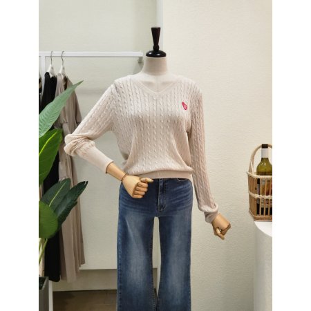 꽈배기 와펜 브이넥 니트