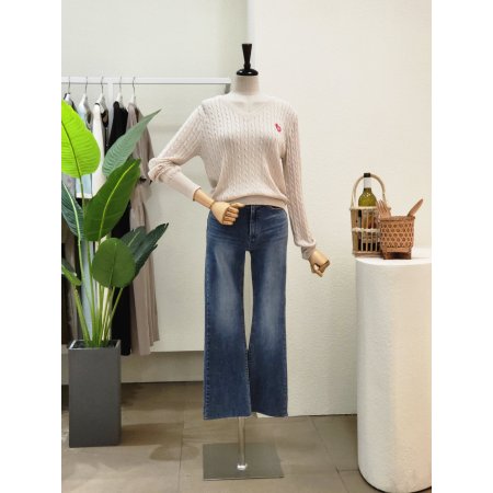 꽈배기 와펜 브이넥 니트