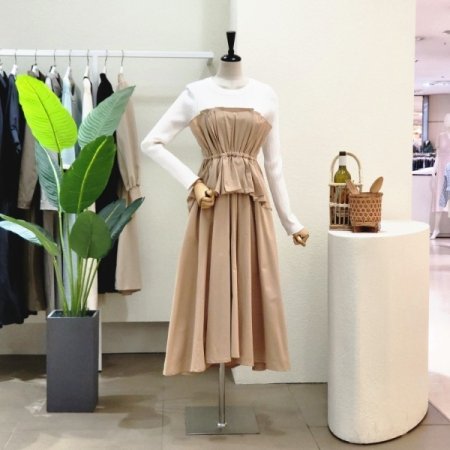 프릴 배색 A라인 롱원피스