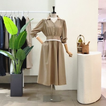 카라 배색 밴딩 롱원피스