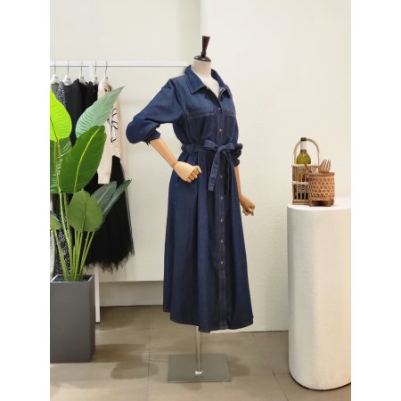 투포켓 카라넥 데님 롱원피스
