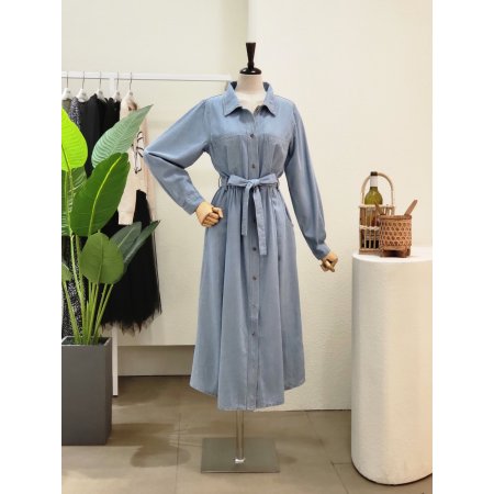 투포켓 카라넥 데님 롱원피스