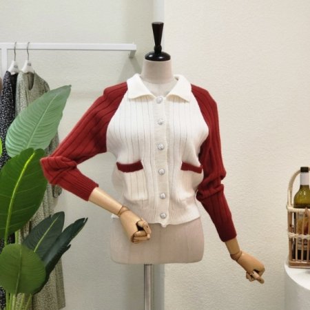 배색 골지 카라넥 가디건