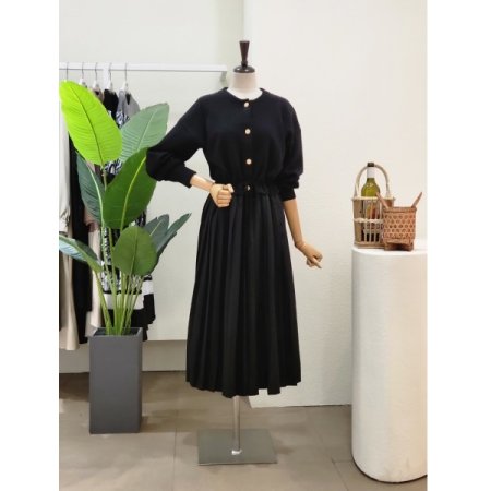 스트링 플리츠 니트 롱원피스