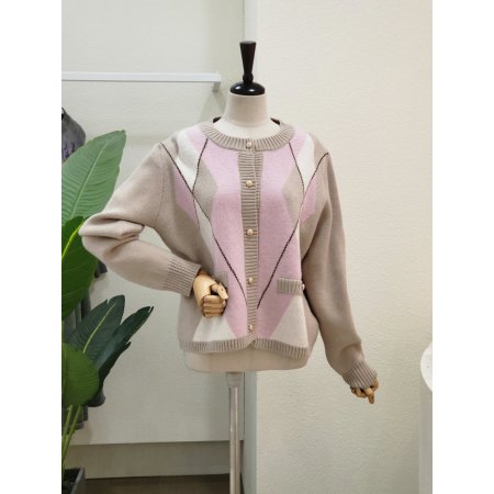 아가일 배색 라운드 가디건