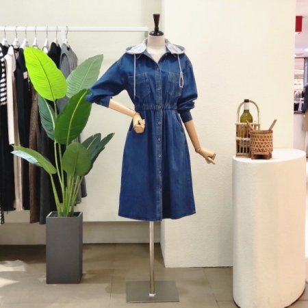 밴딩 후드 데님 롱원피스
