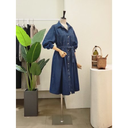 데님 셔츠형 벨티드 롱원피스