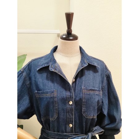 데님 셔츠형 벨티드 롱원피스