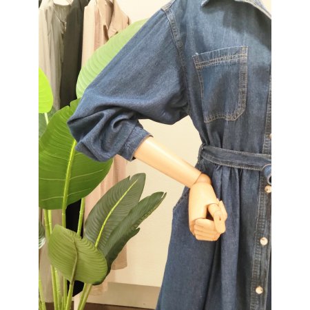 데님 셔츠형 벨티드 롱원피스