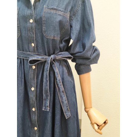 데님 셔츠형 벨티드 롱원피스