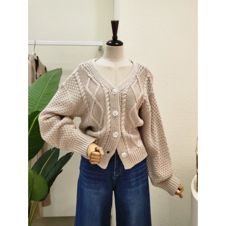 꽈배기 포인트 브이넥 가디건