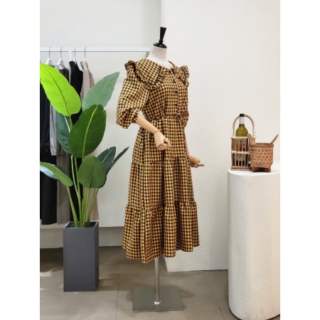 프릴 빅카라 체크 롱원피스