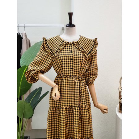 프릴 빅카라 체크 롱원피스