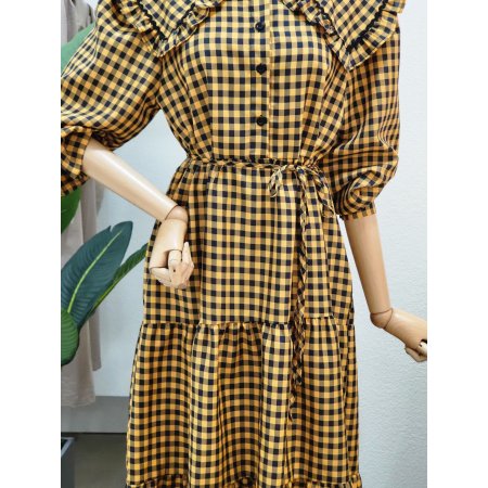 프릴 빅카라 체크 롱원피스