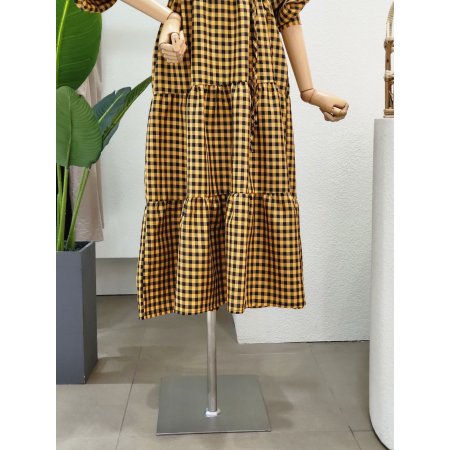 프릴 빅카라 체크 롱원피스