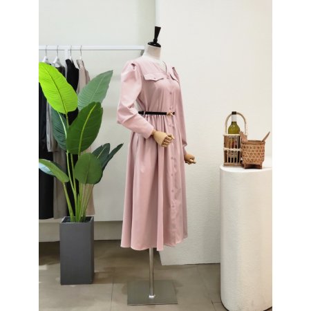 A라인 벨티드 브이넥 롱원피스