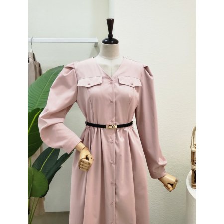 A라인 벨티드 브이넥 롱원피스