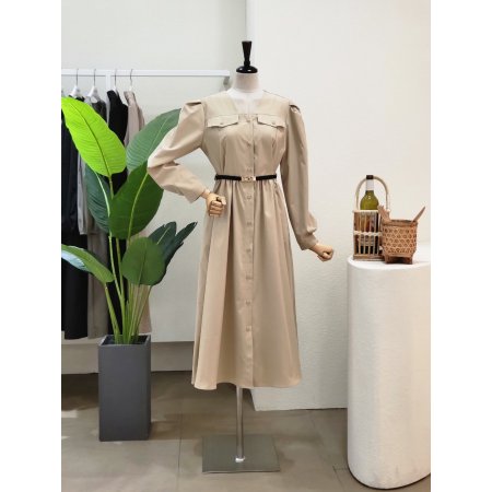 A라인 벨티드 브이넥 롱원피스