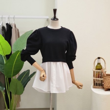 백 리본 배색 라운드 니트