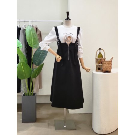 지퍼 포인트 멜빵 롱원피스