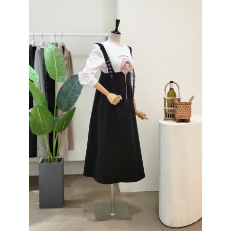 지퍼 포인트 멜빵 롱원피스