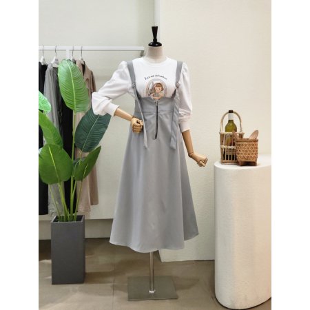 지퍼 포인트 멜빵 롱원피스