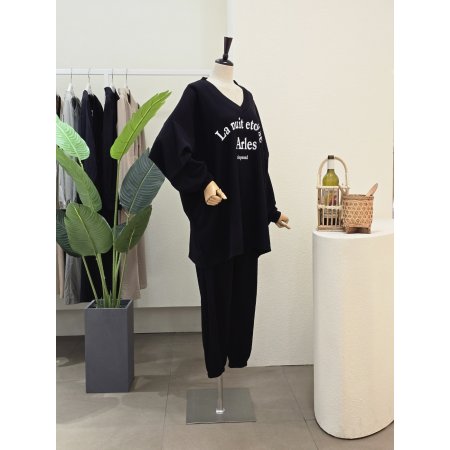 골지 브이넥 조거 세트