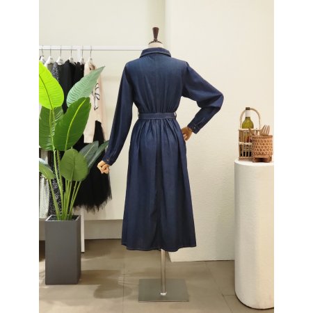 투포켓 카라넥 데님 롱원피스