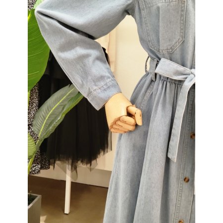 투포켓 카라넥 데님 롱원피스