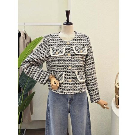 포켓 노카라 트위드 자켓