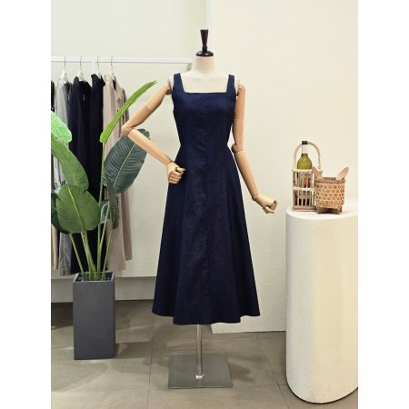 데님 민소매 A라인 롱원피스