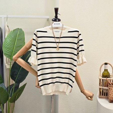 프릴 소매 스트라이프 니트