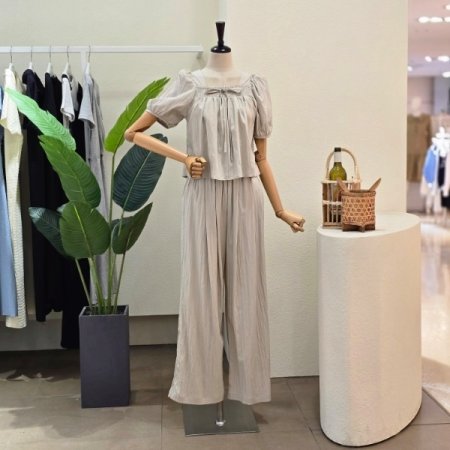 리본 블라우스 와이드 팬츠 세트