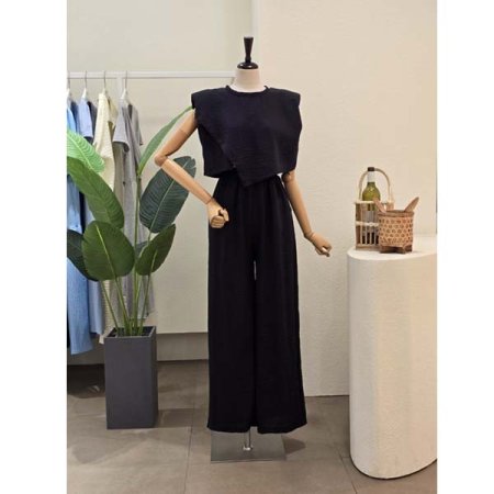 슬릿 크롭 블라우스 팬츠 세트