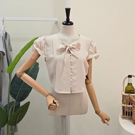리본넥 셔링 버튼업 블라우스