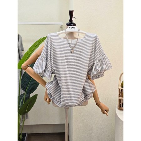 스트라이프 셔링 볼륨 블라우스