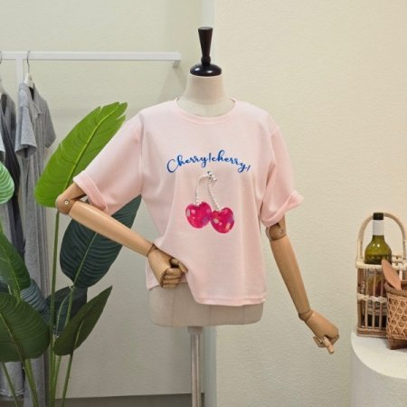 체리 레터링 프린트 티셔츠