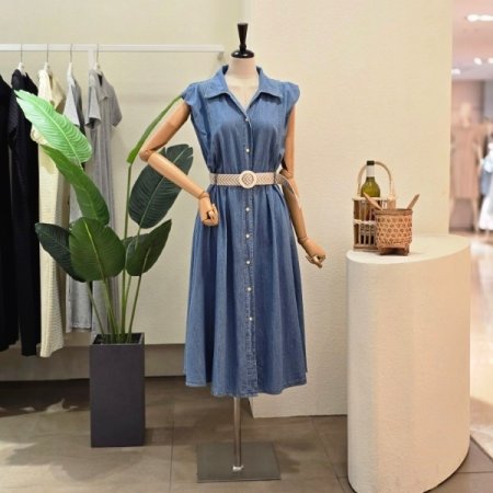 민소매 셔츠형 벨티드 원피스