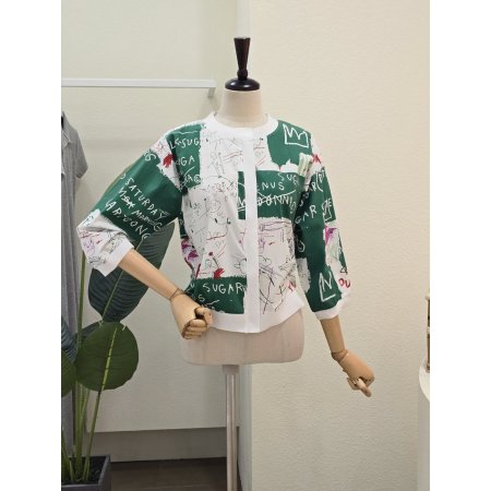 두들 레터링 컬러블록 NO카라 점퍼