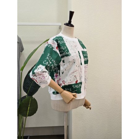 두들 레터링 컬러블록 NO카라 점퍼