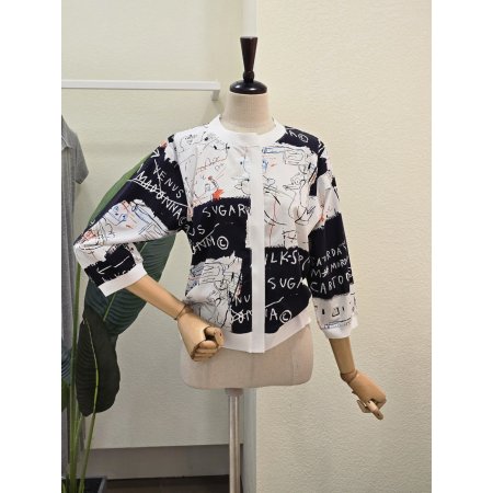 두들 레터링 컬러블록 NO카라 점퍼