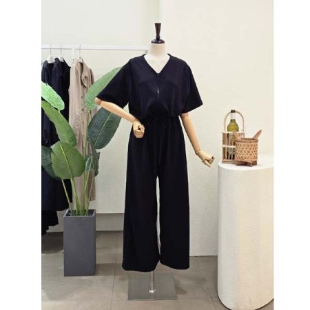 스트링 포인트 브이넥 점프슈트