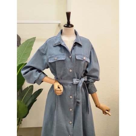 데님 벨티드 카라넥 롱원피스