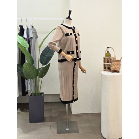 라인 배색 가디건 스커트 세트