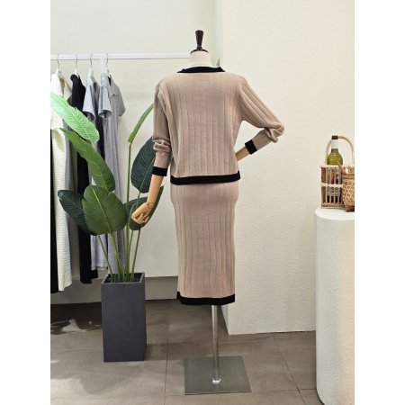 라인 배색 가디건 스커트 세트